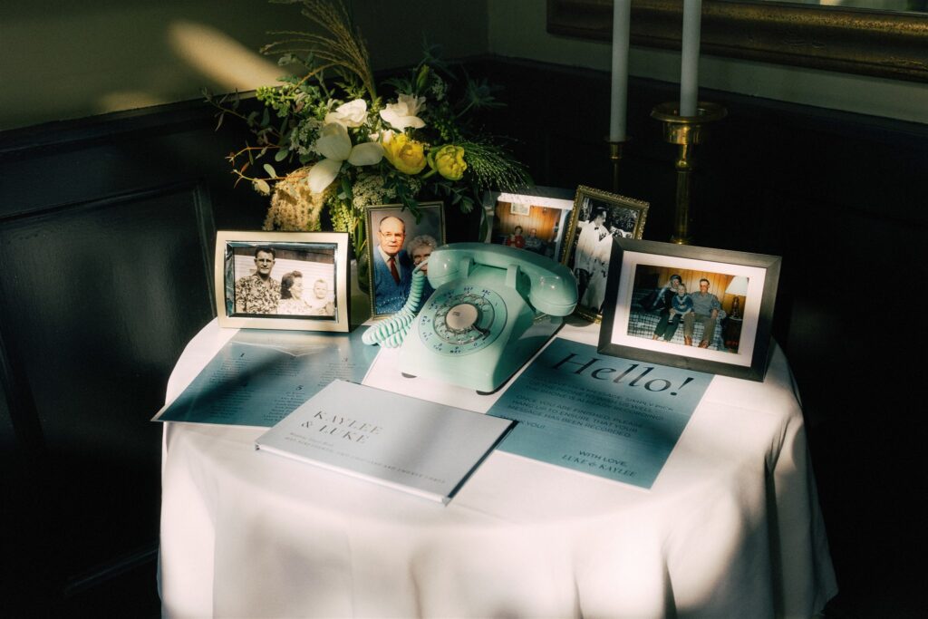 The audio guestbook set-up including a rotary phone for Kaylee and Luke's Stanley Park Destination Wedding